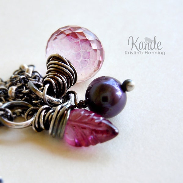 Pink Gemstone Necklace Garnet Leaf Plum Pearl Charm Oxidized Sterling Silver Kande