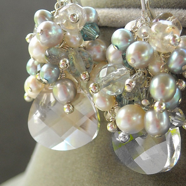 RESERVED for macmedia - Marlow Earrings - labradorite, quartz, freshwater pearl, Swarovski crystal and sterling silver