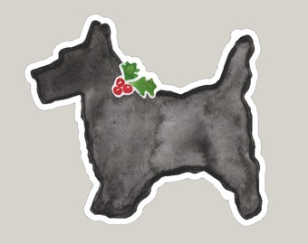 Pegatina de vinilo con diseño de perro escocés de vacaciones en acuarela / Pegatina de perro negro navideño pintada a mano, regalo para amantes de los perros, regalo único, botella de agua/computadora portátil