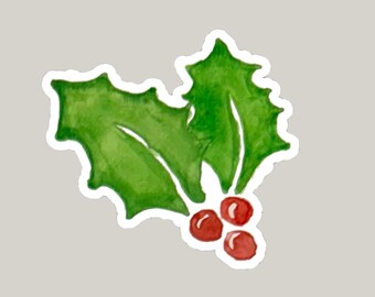 Adhesivo de vinilo de muérdago hecho a mano con acuarela / Adhesivo de vinilo resistente al agua de 3", Navidad, días festivos, regalo, papelería, adhesivo para botella de agua o portátil