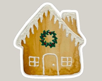 Calcomanía de vinilo con diseño de casa de jengibre en acuarela, calcomanía impermeable de 4 pulgadas, calcomanía navideña, calcomanía para botella de agua, calcomanía para computadora portátil, regalo de invierno