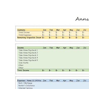 Puede incluir: Una hoja de cálculo titulada "Presupuesto Anual" con secciones para ingresos y gastos. El documento incluye filas para "Salario neto" y "Alquiler/Hipoteca", con columnas para cada mes y un total anual.