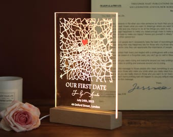 Custom Our First Date Map Night Light, Personalized Map Print Acrylic Plaque, Where It All Began Map Lamp, Gift for Couple, Anniversary Gift