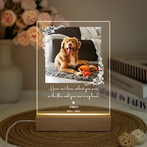 May include: A lighted wooden base with a clear acrylic panel featuring a photo of a dog. The panel has a decorative border and text that reads "Home isn't home without your paws on the floor and your nose in my hand." The dog's name and dates are also included.