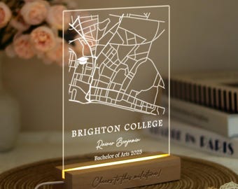 Custom Campus Map Night Light, Personalized College Map LED Lamp, University Map Acrylic Plaque, Graduation Memory Gift for Class of 2025