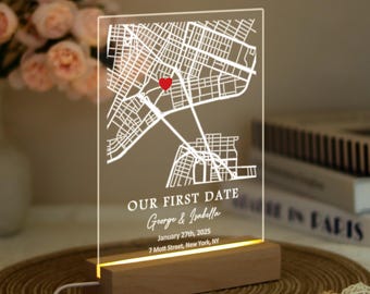 Custom Our First Date Map Night Light, Personalized Map Print Acrylic Plaque, Where It All Began Map Lamp, Gift for Couple, Anniversary Gift