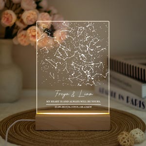 Può includere: Una luce notturna personalizzata con una mappa stellare, i nomi "Freya & Liam" e il testo "MY HEART IS AND ALWAYS WILL BE YOURS." Vengono visualizzati anche la data e le coordinate. Ha una base in legno e un pannello in acrilico trasparente.