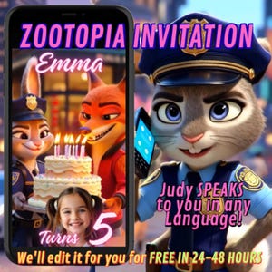 INVITACION personalizada de CUMPLEAÑOS de ZOOTOPIA 2 , invitacion editable de cumpleaños de zootopia 2,videollamada invitación de zootopia 2