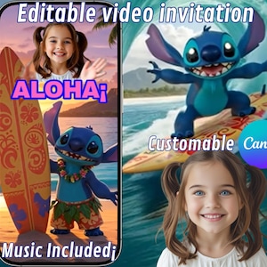 STITCH BIRTHDAY INVITATION, stitch video invitation, stitch video editable invitation, stitch canva editable invitation, birthday invitation
