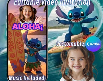 Invitation anniversaire Stitch, Invitation vidéo Stitch, Invitation vidéo Stitch modifiable, Invitation Stitch sur Canva