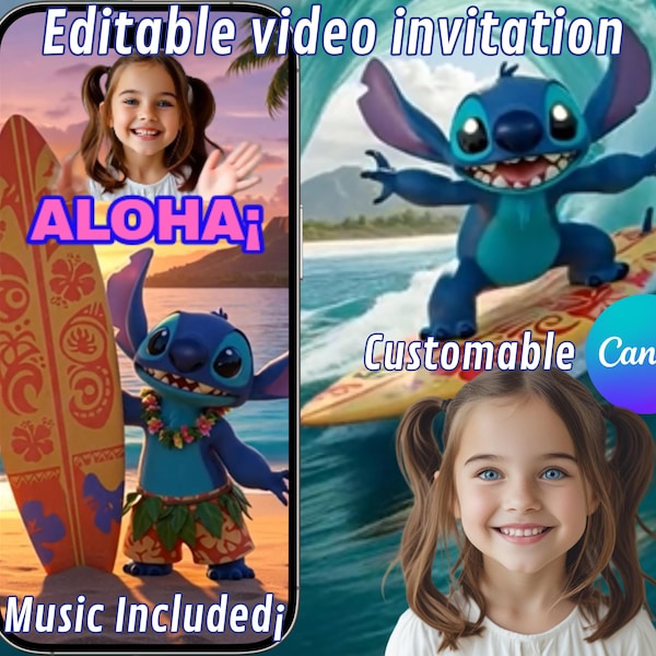 Invitation anniversaire Stitch, Invitation vidéo Stitch, Invitation vidéo Stitch modifiable, Invitation Stitch sur Canva
