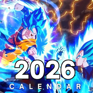 Puede incluir: Ilustración dinámica con dos personajes de anime en acción, rodeados de energía azul y relámpagos. El calendario muestra el año 2026 en blanco, con la palabra "CALENDAR" debajo.