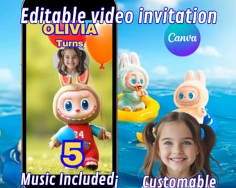 Invitation d'anniversaire Labubu, Invitation vidéo Labubu, Invitation vidéo modifiable Labubu, Invitation Labubu sur Canva