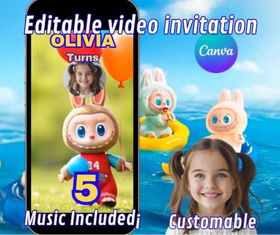 INVITACION de CUMPLEAÑOS de LABUBU, invitación con video de labubu, invitación editable con video de labubu, invitación de labubu en Canva