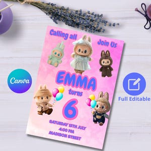 INVITACION de cumpleaños de LABUBU, plantilla editable de Labubu, fiesta de cumpleaños de Labubu, invitación de CANVA de Labubu, invitacion
