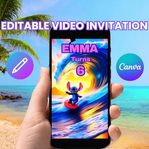 Stitch verjaardagsuitnodiging, Stitch video-uitnodiging, bewerkbare Stitch video-uitnodiging, Stitch uitnodiging op Canva