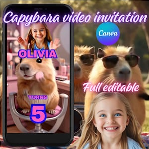CAPYBARA BIRTHDAY INVITATION, capybara video invitation, capybara video editable invitation, capybara canva editable invitation, birthday.