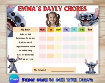Chore Chart for Kids | Kids Chore Chart | Fun Lilo Stitch Reward System| Chart for Kids| Editable Kids Chore Chart|Colorful Kids Chore Chart