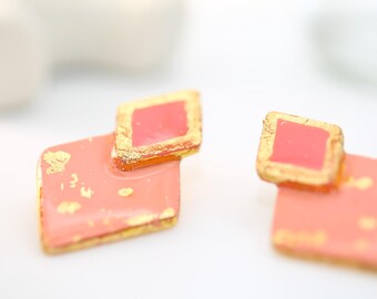 Orecchini "ELVIRA" in the shape of a rhombus in Argilla with gold foglia - Gioielli Artigianali geometrici eleganti -Gift per lei.