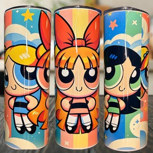 Powerpuff Girls Tumbler | 20oz Stainless Steel Cup | Cute Cartoon Cup | Blossom Bubbles Buttercup Gift | Colorful Retro Anime Drinkware