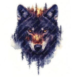 13 Dark Wolf Watercolor Clipart, Printable High Quality Watercolor Wolf and Forest Clipart JPG Images, Mystical Wolf Clipart Double Exposure