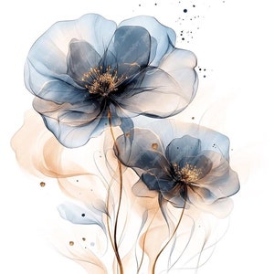 12 Blau und Gold Blumen Aquarell Clipart, druckbare hochwertige Aquarell Blume Clipart JPG-Bilder, druckbare Clipart, Wandkunst