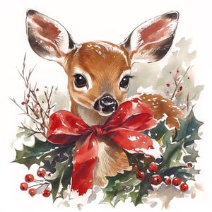 13 niedliches Reh mit Schleife Weihnachten Aquarell Clipart, druckbare hochwertige Baby Rentier Aquarell Clipart JPG-Bilder, festliche Clipart