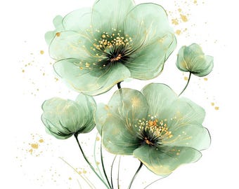 Green and Gold Flower Watercolor Clipart, Printable Floral Art (JPG)