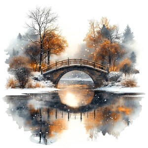 13 Clipart aquarelle pont d'hiver, imprimable haute qualité paysage d'hiver aquarelle Clipart JPG Images Art mural pont au pays des merveilles de l'hiver