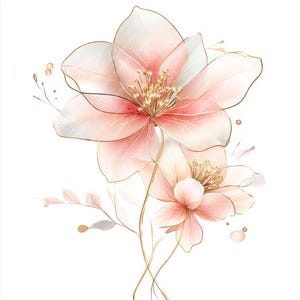 10 cliparts aquarelle rose pêche fleurs dorées, Images JPG imprimables de haute qualité de fleurs aquarelle, Clipart imprimable, décoration murale