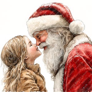 9 つのかわいいサンタと子供たちの水彩クリスマス クリップアート、印刷可能な高品質の水彩心温まるお祭りクリップアート JPG 画像、サンタが大好き