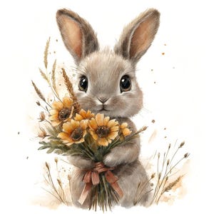May include: A cute gray bunny rabbit holding a bouquet of yellow and brown wildflowers. The bunny is looking at the viewer with big, brown eyes.