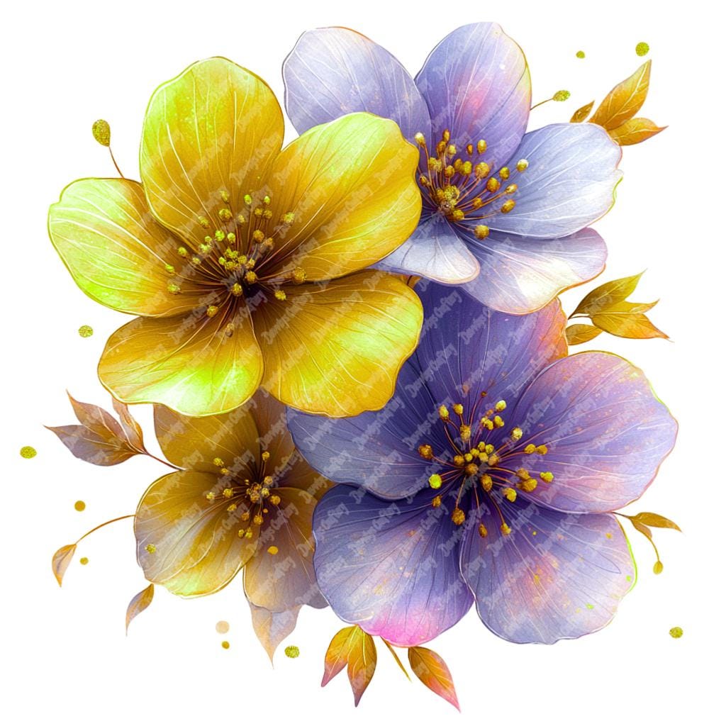 16 黄色と紫の花の水彩画クリップアート、印刷可能な高品質の水彩画の