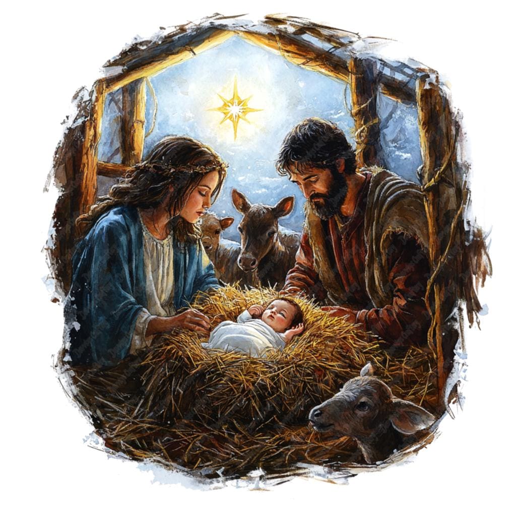 水彩画のキリスト降誕シーンのクリップアート、宗教的なクリスマス
