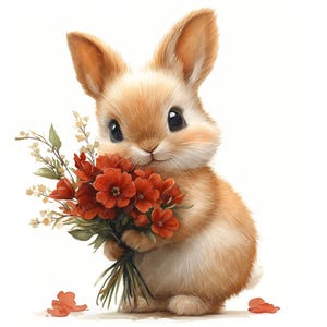May include: A cute brown bunny rabbit holding a bouquet of red flowers. The bunny has big, brown eyes and a sweet expression.
