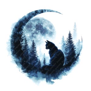 13 Lune et chat noir Clipart aquarelle, Images JPG imprimables de haute qualité chat de nuit aquarelle, chat lunaire mystique amateur de chat noir
