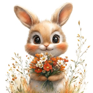 May include: A cute cartoon bunny with brown fur and big eyes holds a bouquet of orange, white, and red flowers. The bunny is surrounded by tall, thin blades of grass.