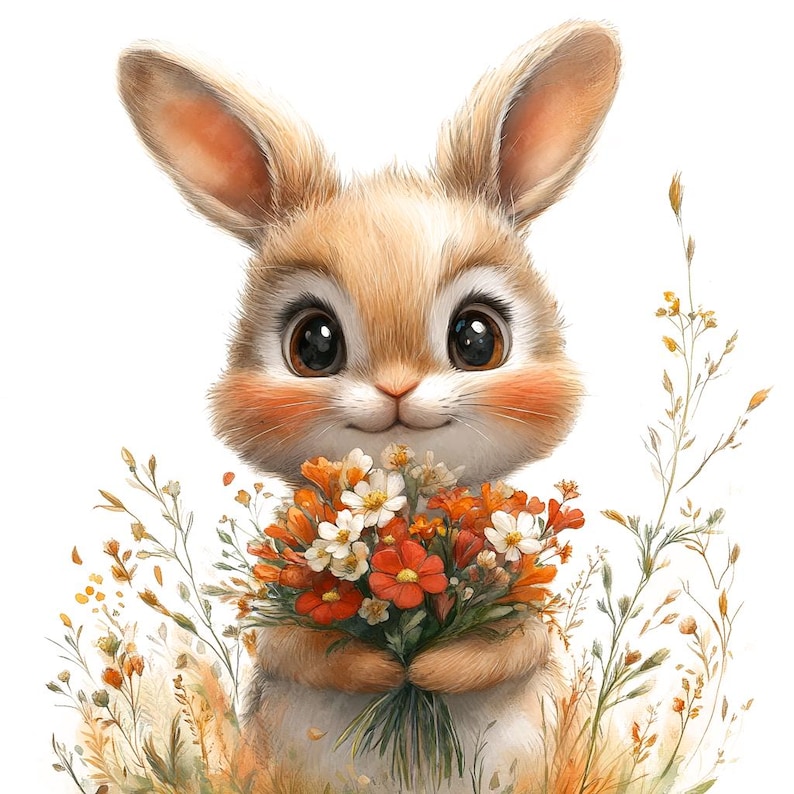May include: A cute cartoon bunny with brown fur and big eyes holds a bouquet of orange, white, and red flowers. The bunny is surrounded by tall, thin blades of grass.