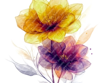 16 黄色と紫の花の水彩画クリップアート、印刷可能な高品質の水彩画の