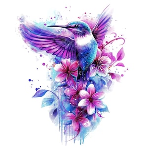13 Clipart aquarelle florale de colibri, fleurs aquarelle imprimables de haute qualité et images JPG de cliparts, art floral mignon d'oiseau
