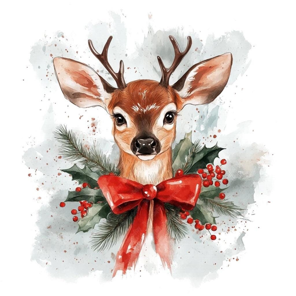 Christmas Fawn Watercolor Clipart, Baby Reindeer JPG Images (digital ...
