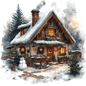 Bundle de 16 cliparts aquarelle chalet de Noël, imprimable haute qualité aquarelle chalet d'hiver rustique Images Clipart JPG, chalet de Noël