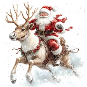 14 kerstman rijdt op een rendier kerst aquarel clipart, afdrukbare hoge kwaliteit kerstman aquarel clipart jpg-afbeeldingen, afdrukbare clipart