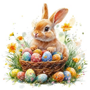 12 Easter Basket And Bunny Watercolor Clipart, Printable High Quality Watercolor Floral Easter Clipart JPG Images Easter Eggs Spring Clipart