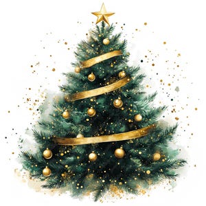 10 gouden kerstboom aquarel clipart, afdrukbare hoge kwaliteit kerstkaart aquarel clipart jpg-afbeeldingen, feestelijke gouden kerstboom