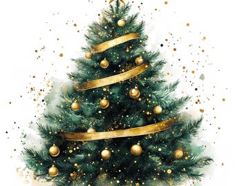 Gold Christmas Tree Watercolor Clipart, Festive X-mas (JPG Images)