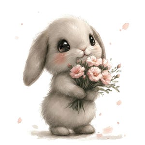 May include: A cute gray bunny rabbit holding a bouquet of pink flowers. The bunny has large, dark eyes and a sweet expression.