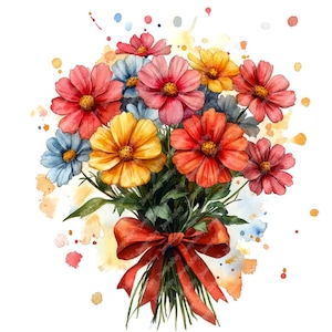 13 Flower Bouquet With a Bow Watercolor Clipart, High Quality Watercolor Flower Clipart JPG Images, Printable Floral Wall Art, Spring Flower
