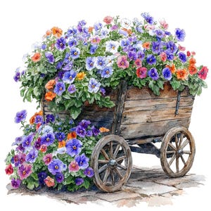 11 Blumenwagen Aquarell Clipart, druckbare hochwertige Aquarell Blumenwagen Clipart JPG-Bilder, niedliche Gartenblumenwagen Wandkunst