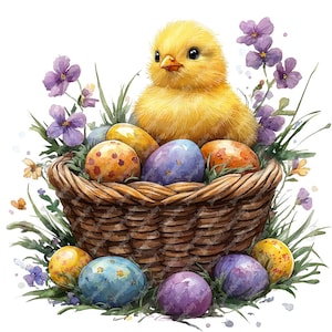 Blumen Osterkorb mit Küken Aquarell Clipart Printable High Quality Aquarell Ostern Clipart JPG Bilder Osterei Frühling Clipart